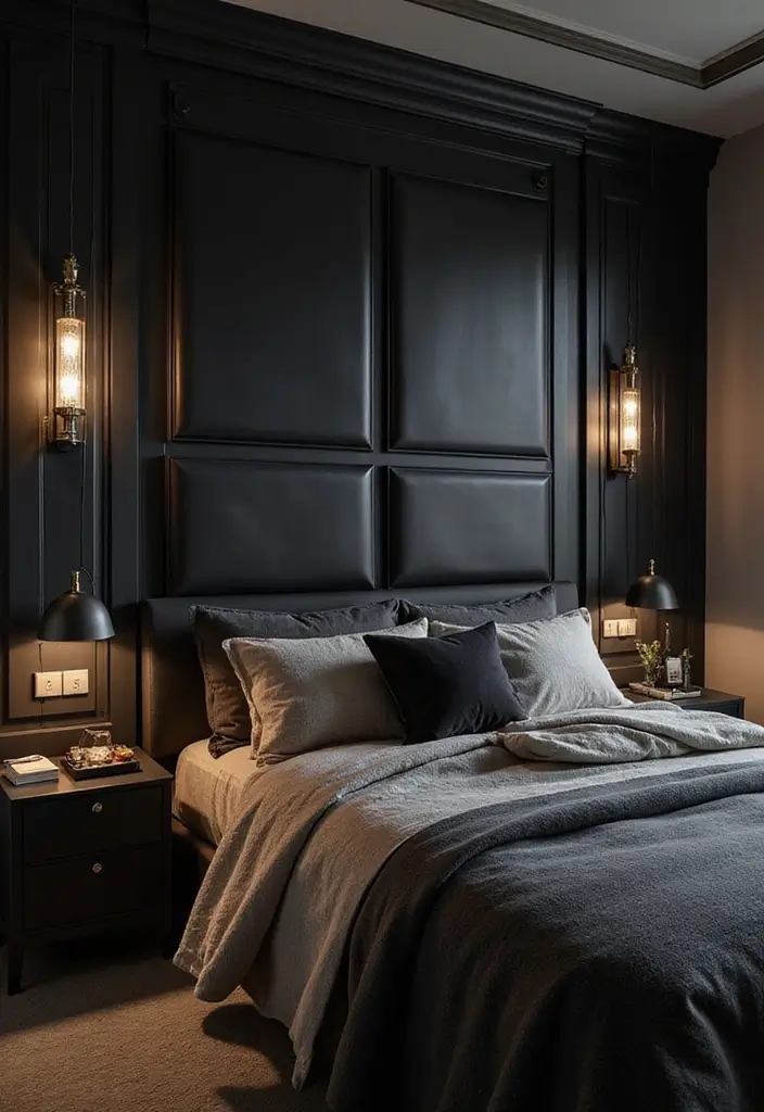 30 Black Headboard Bedroom Ideas That Make a Bold Statement - 28. Dramatic Wall Panels
