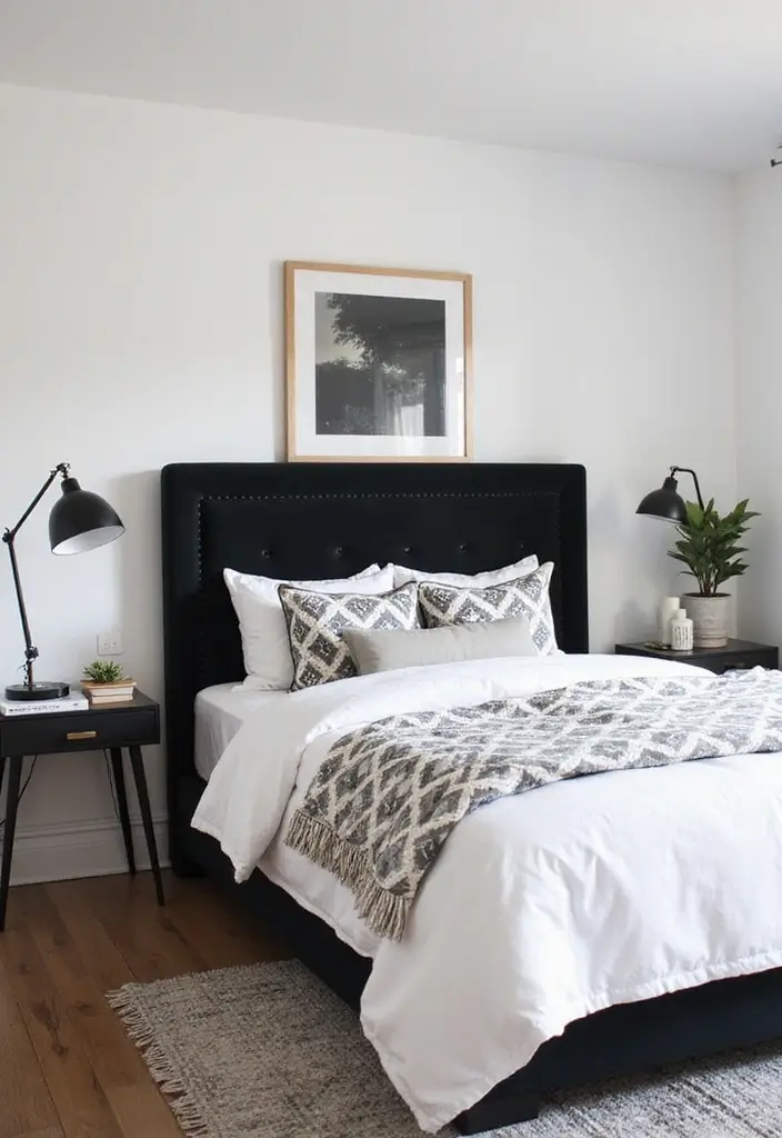 30 Black Headboard Bedroom Ideas That Make a Bold Statement - 8. Black and White Contrast