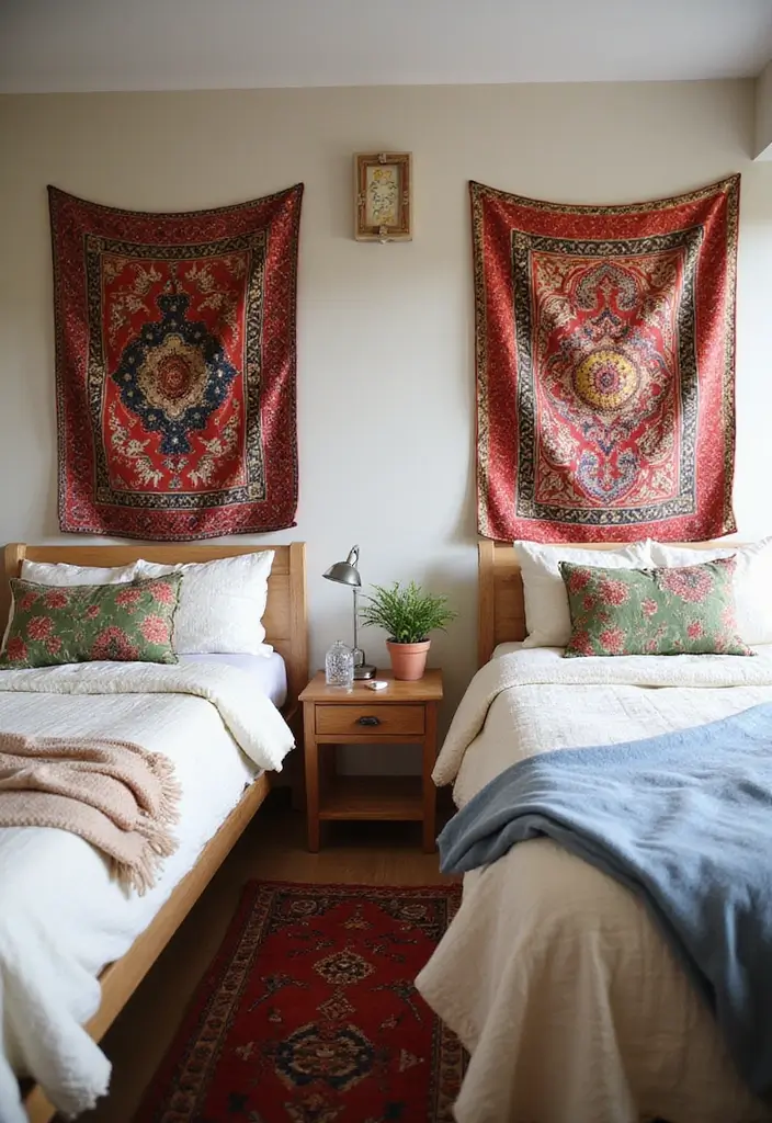 30 Brother and Sister Shared Bedroom Ideas That Balance Both Styles - 24. Vibrant Fabric Wall Hangings