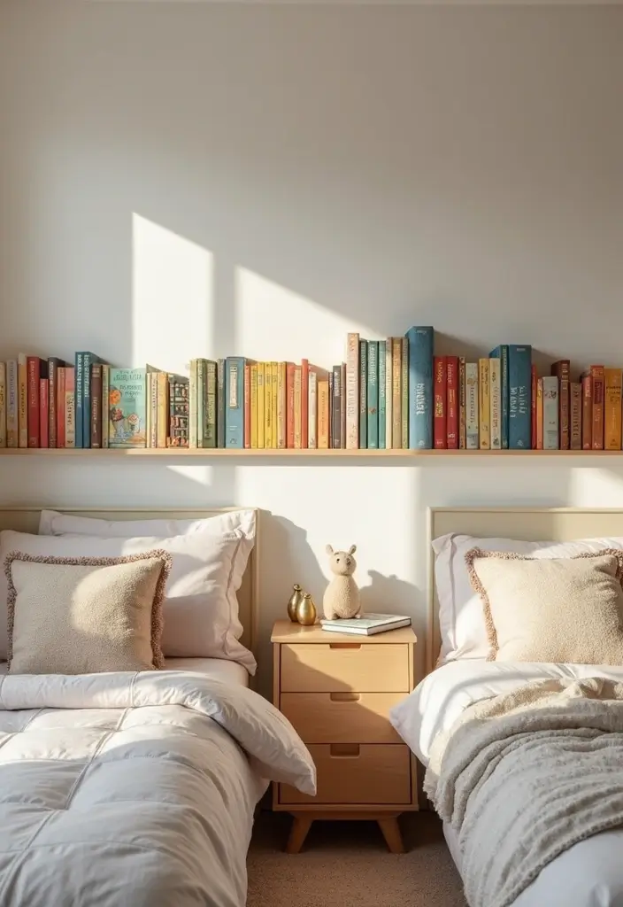 30 Brother and Sister Shared Bedroom Ideas That Balance Both Styles - 28. Story Wall with Book Ledge