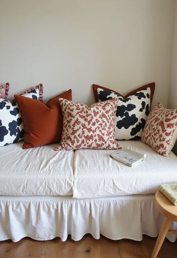 30 Cow Print Bedroom Ideas That Feel Fun & Trendy - 23. Cow Print Pillows for Daybeds