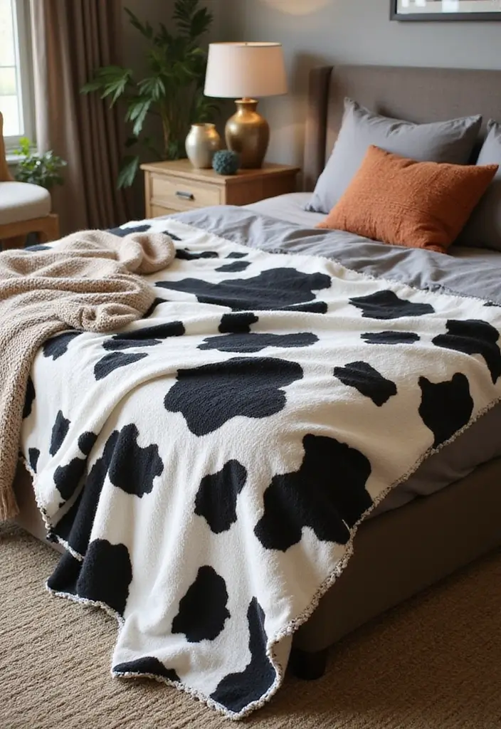 30 Cow Print Bedroom Ideas That Feel Fun & Trendy - 30. Cow Print Throw Blankets