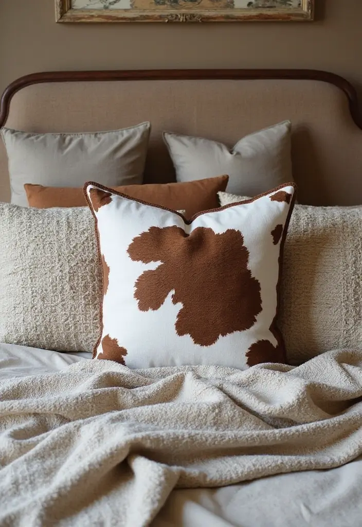 30 Cow Print Bedroom Ideas That Feel Fun & Trendy - 4. Cow Print Throw Pillows