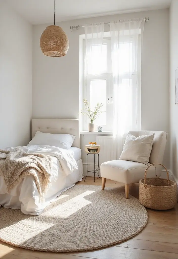 30 Cute Simple Bedroom Ideas That Prove Minimal Can Be Beautiful - 14. Neutral Area Rugs
