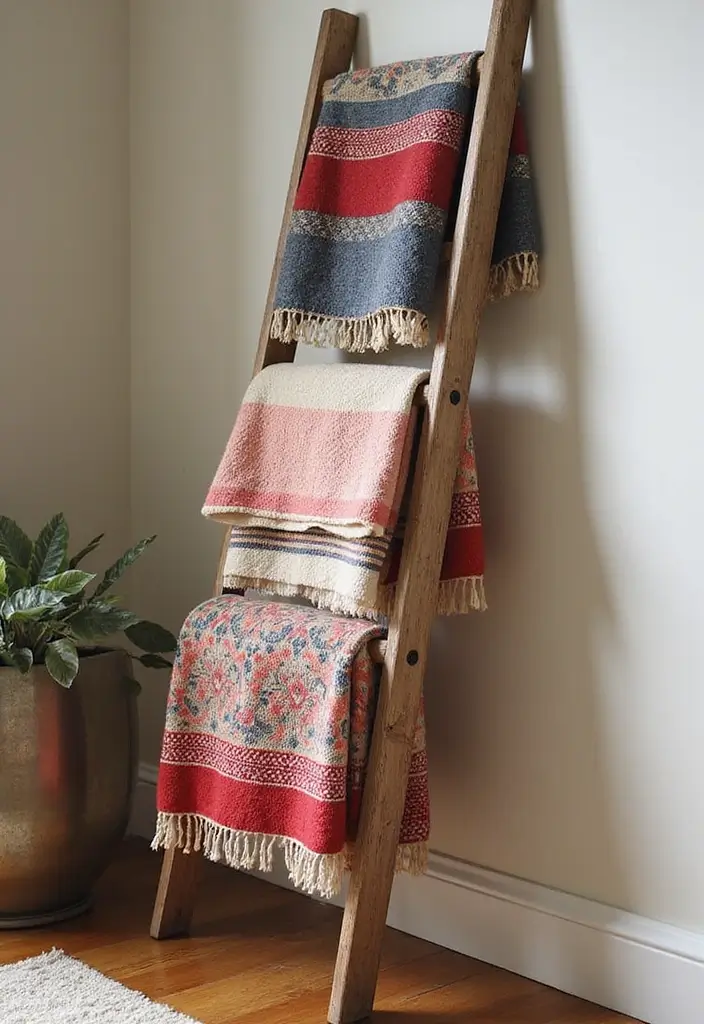 30 DIY Home Decor Easy Bedroom Craft Ideas You’ll Love Making - 13. Decorative Ladder Blanket Holder