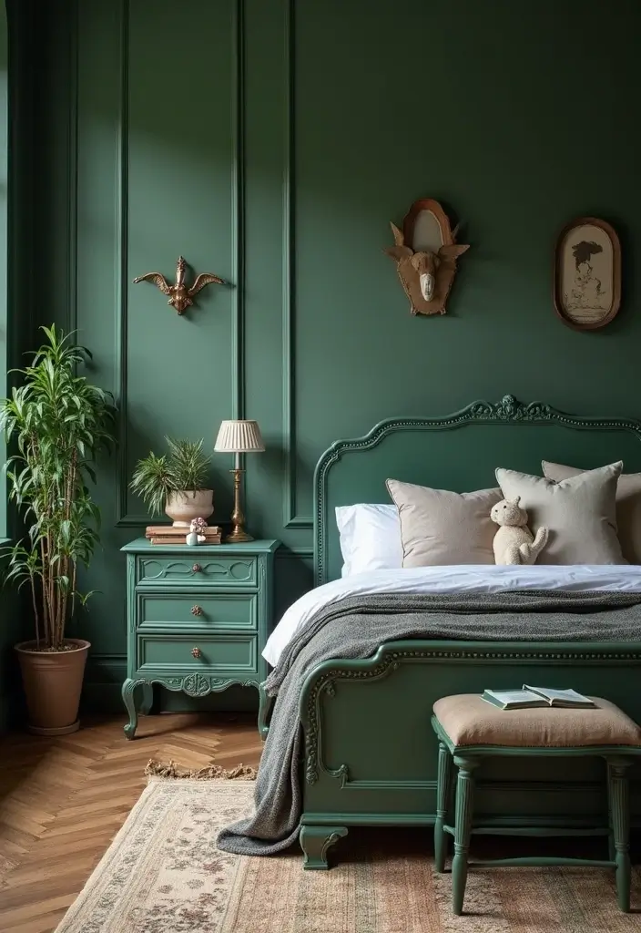 30 Dark Green Bedroom Ideas That Feel Cozy, Calm & Luxurious - 11. Vintage Furniture for Charm