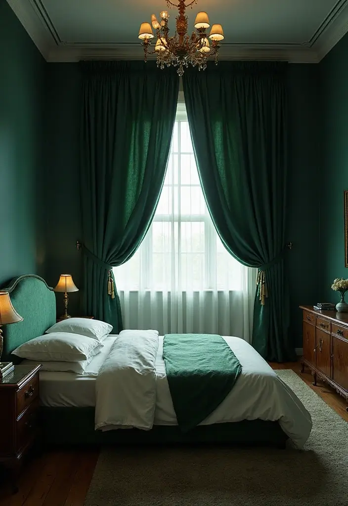 30 Dark Green Bedroom Ideas That Feel Cozy, Calm & Luxurious - 12. Dark Green Curtains for a Dramatic Effect