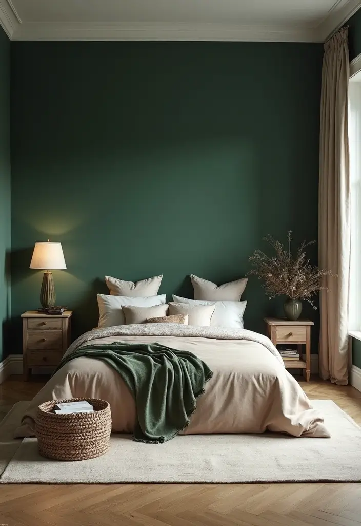 30 Dark Green Bedroom Ideas That Feel Cozy, Calm & Luxurious - 13. Mixing Dark Green with Neutral Tones
