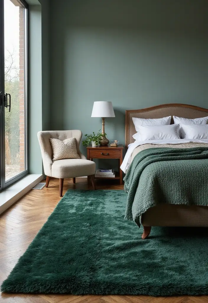 30 Dark Green Bedroom Ideas That Feel Cozy, Calm & Luxurious - 14. Dark Green Rugs for Cozy Comfort