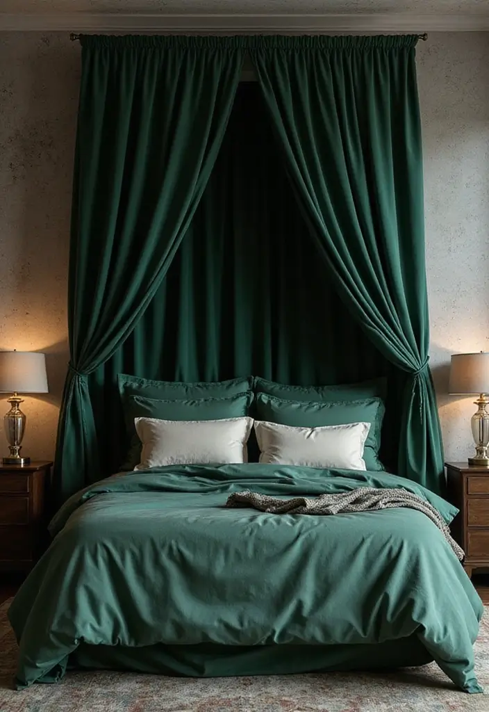 30 Dark Green Bedroom Ideas That Feel Cozy, Calm & Luxurious - 16. Dark Green Bed Canopy for Luxury