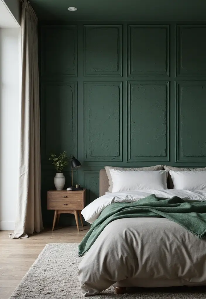 30 Dark Green Bedroom Ideas That Feel Cozy, Calm & Luxurious - 17. Textured Wall Panels in Dark Green