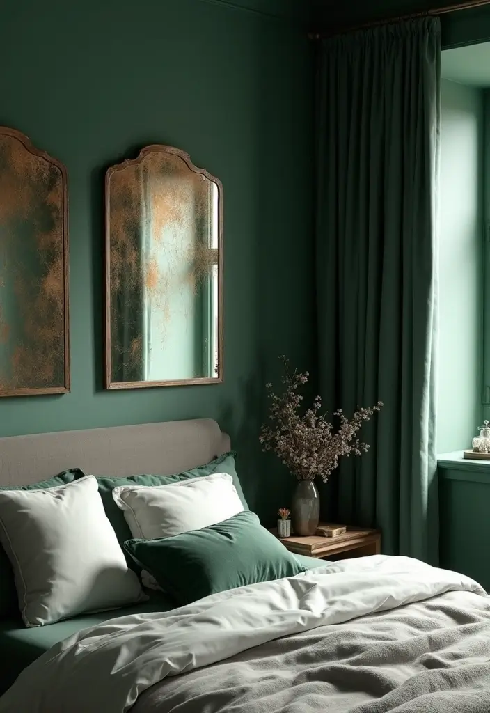 30 Dark Green Bedroom Ideas That Feel Cozy, Calm & Luxurious - 19. Decorative Mirrors for Light and Depth