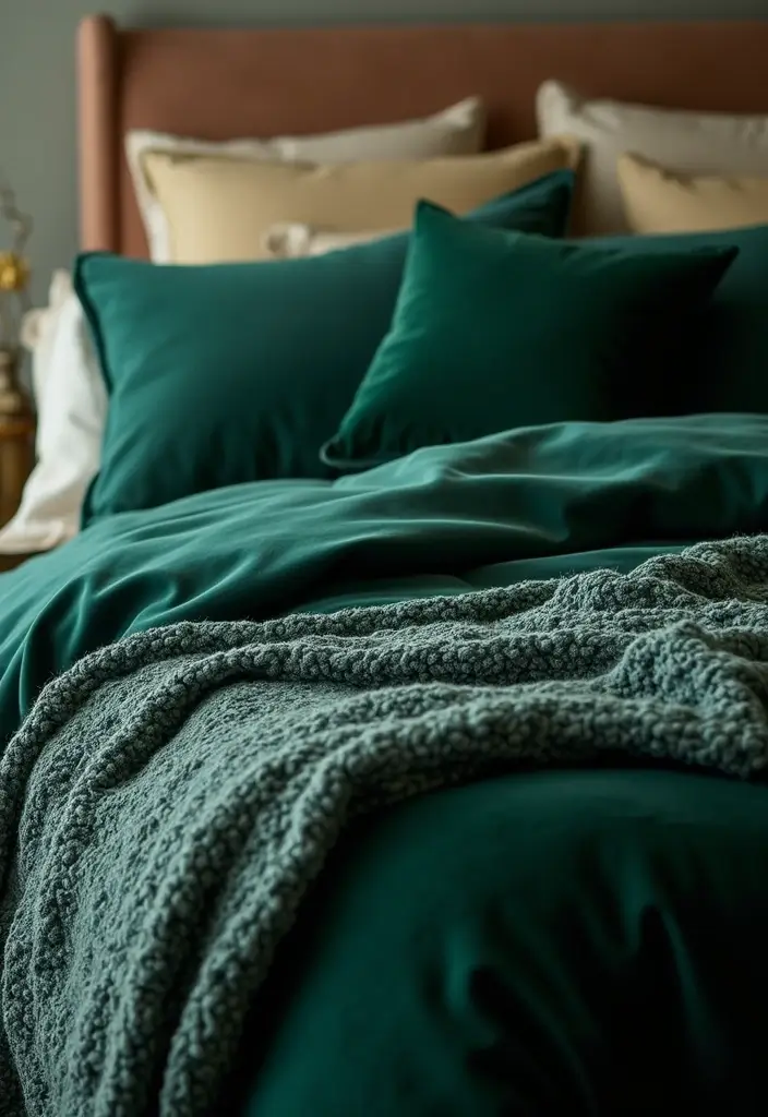 30 Dark Green Bedroom Ideas That Feel Cozy, Calm & Luxurious - 2. Luxurious Bedding in Deep Green Hues