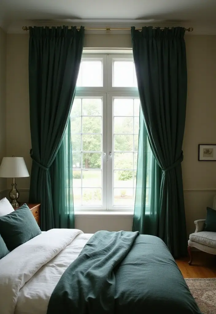 30 Dark Green Bedroom Ideas That Feel Cozy, Calm & Luxurious - 20. Layered Window Treatments for Elegance