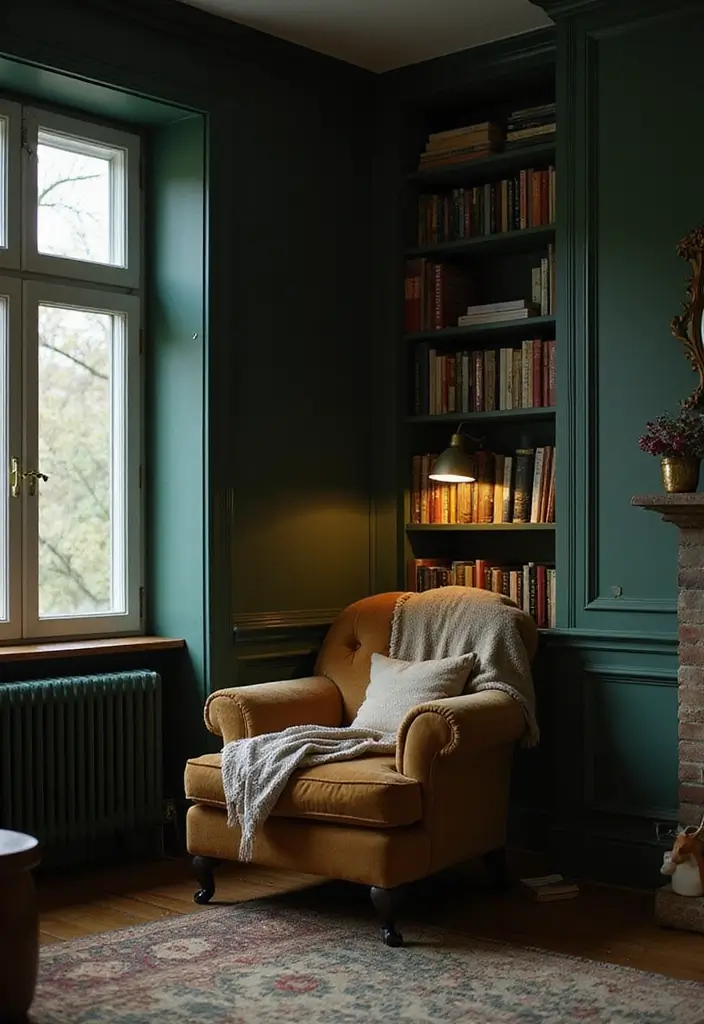 30 Dark Green Bedroom Ideas That Feel Cozy, Calm & Luxurious - 21. Cozy Reading Nook in Dark Green
