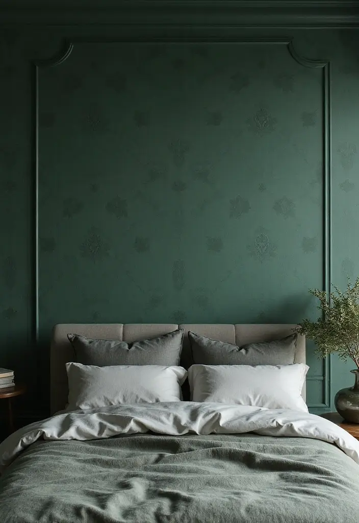 30 Dark Green Bedroom Ideas That Feel Cozy, Calm & Luxurious - 22. Dark Green Wallpaper with Patterns