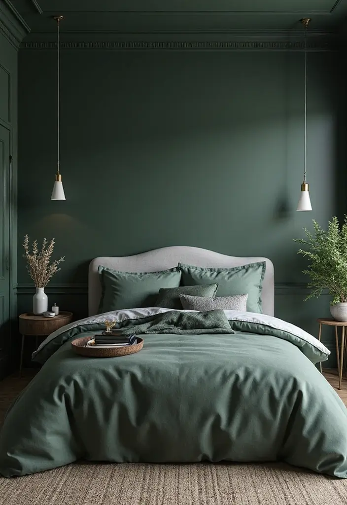 30 Dark Green Bedroom Ideas That Feel Cozy, Calm & Luxurious - 25. Green and Gray Color Scheme