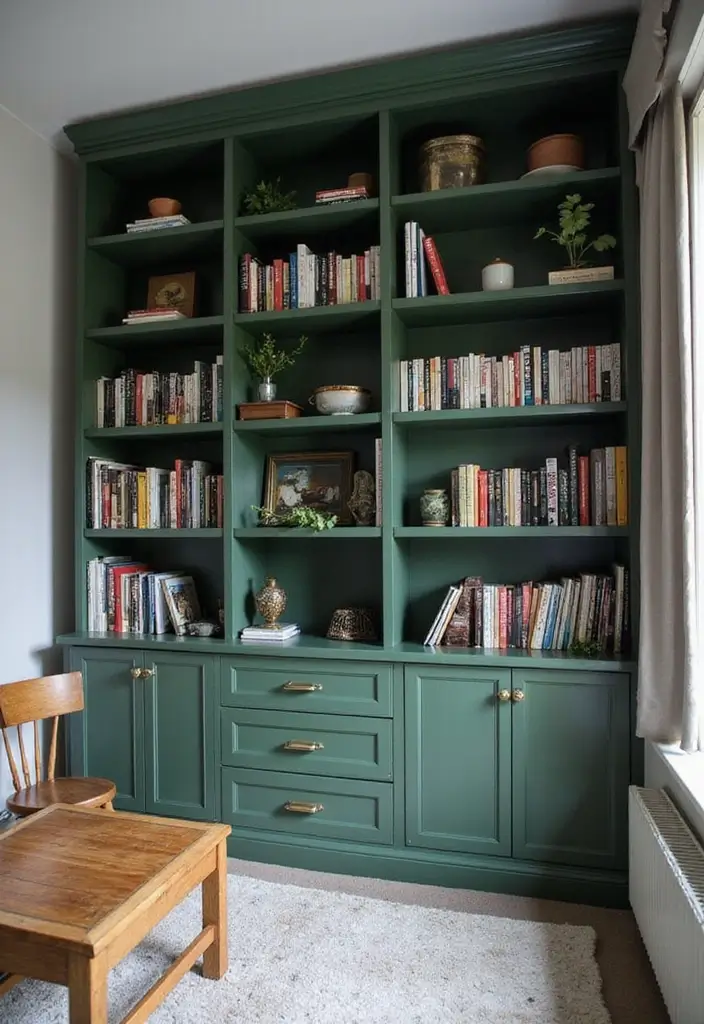 30 Dark Green Bedroom Ideas That Feel Cozy, Calm & Luxurious - 26. Cozy Built-In Shelves in Dark Green