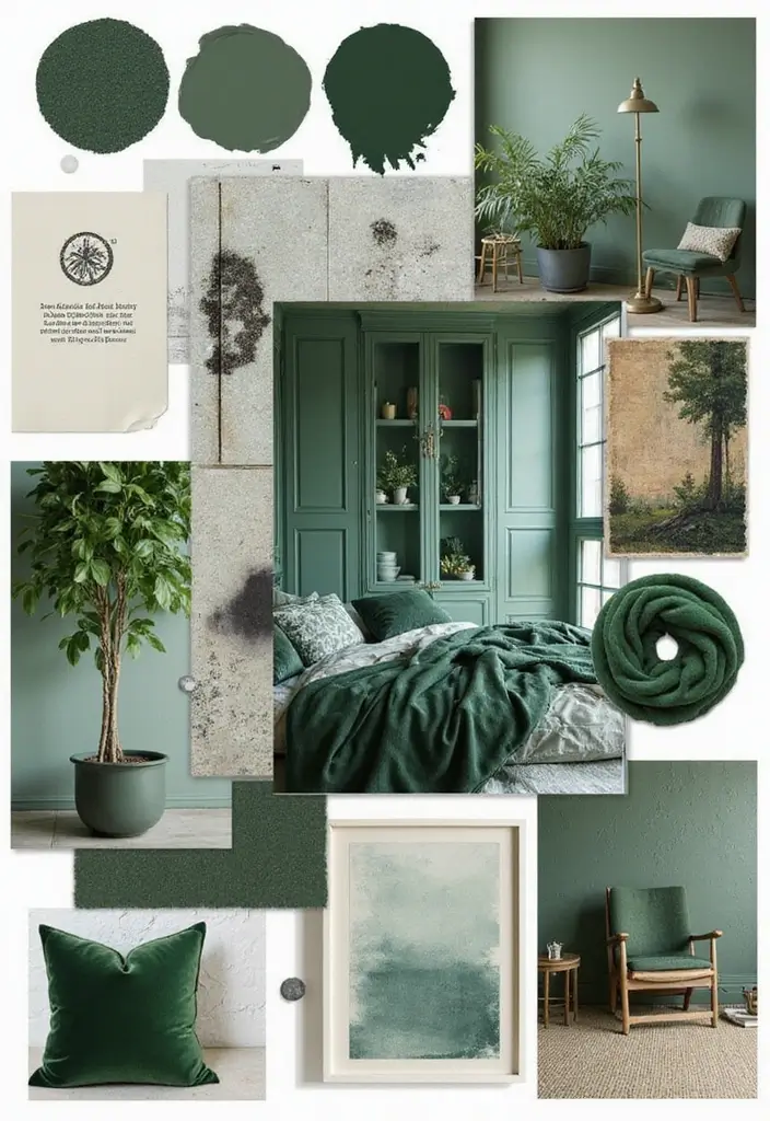 30 Dark Green Bedroom Ideas That Feel Cozy, Calm & Luxurious - 27. Dark Green Inspired Mood Board