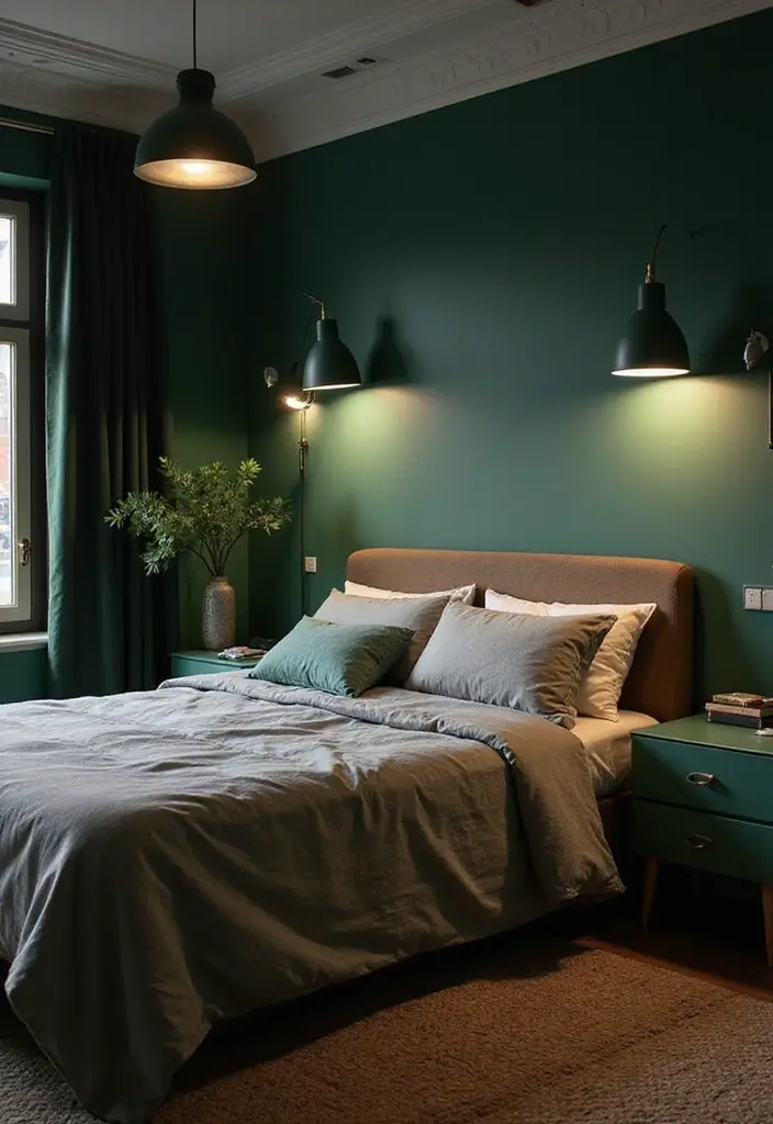 30 Dark Green Bedroom Ideas That Feel Cozy, Calm & Luxurious - 28. Dark Green Lighting Fixtures