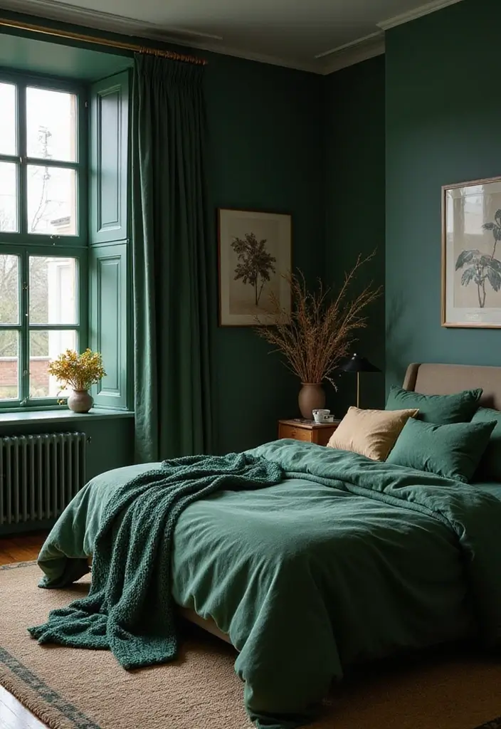 30 Dark Green Bedroom Ideas That Feel Cozy, Calm & Luxurious - 29. Dark Green Textiles for a Warm Feel