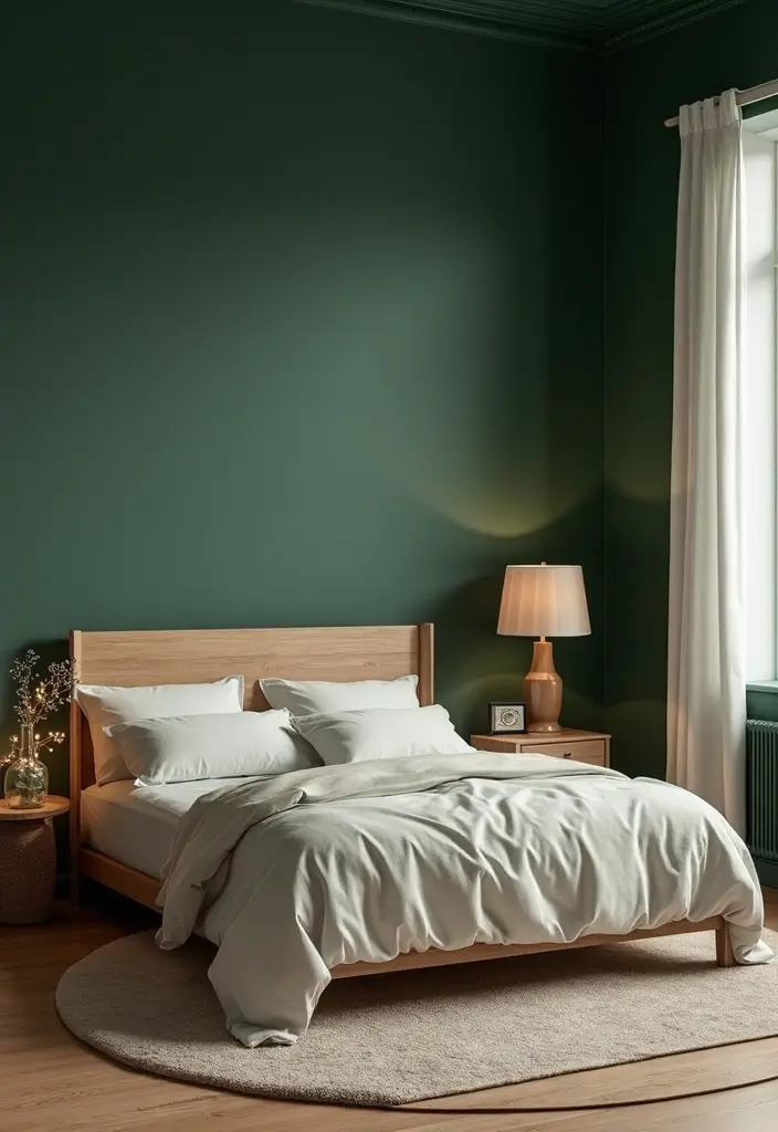 30 Dark Green Bedroom Ideas That Feel Cozy, Calm & Luxurious - 3. Dark Green and Natural Wood Harmony