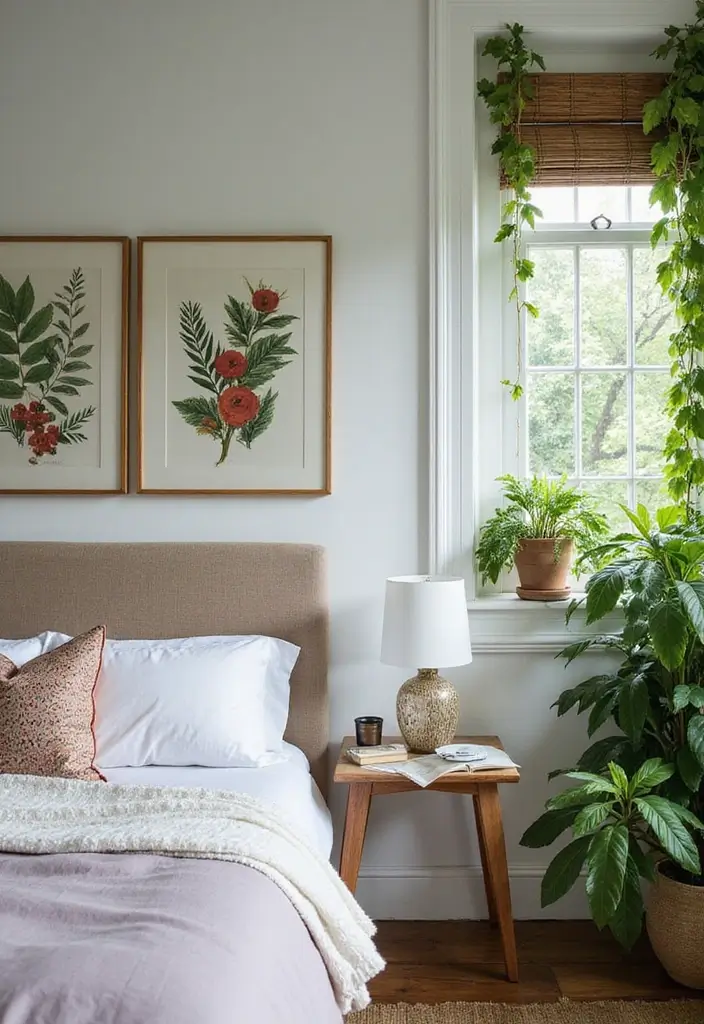 30 Dark Green Bedroom Ideas That Feel Cozy, Calm & Luxurious - 4. Botanical Prints and Greenery