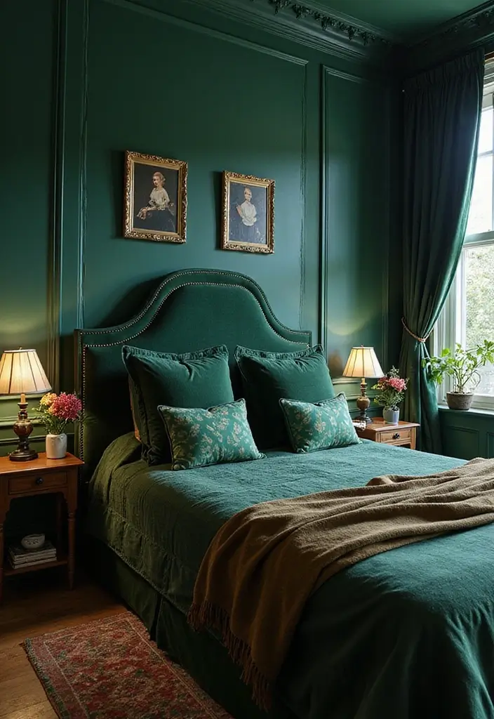 30 Dark Green Bedroom Ideas That Feel Cozy, Calm & Luxurious - 5. Jewel Tones and Dark Green Combo