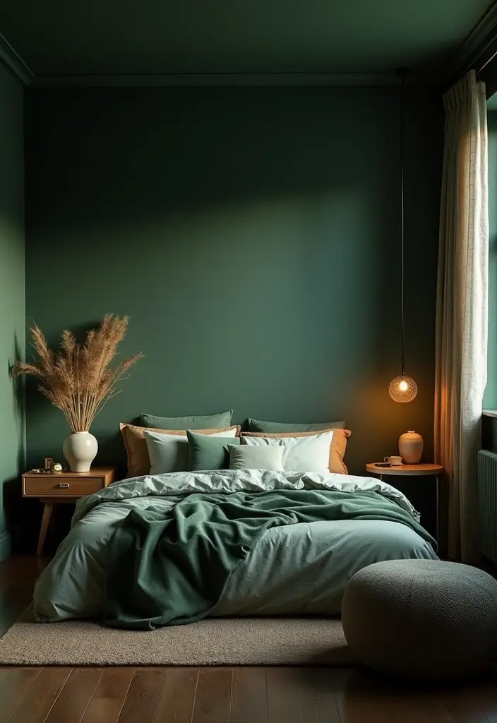 30 Dark Green Bedroom Ideas That Feel Cozy, Calm & Luxurious - 7. Soft Lighting to Enhance the Atmosphere