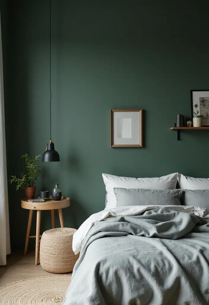 30 Dark Green Bedroom Ideas That Feel Cozy, Calm & Luxurious - 8. Minimalistic Decor for a Clean Look