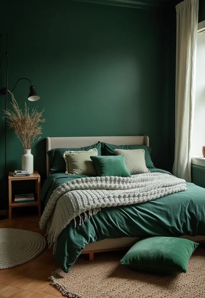 30 Dark Green Bedroom Ideas That Feel Cozy, Calm & Luxurious - 9. Layered Textures for Depth
