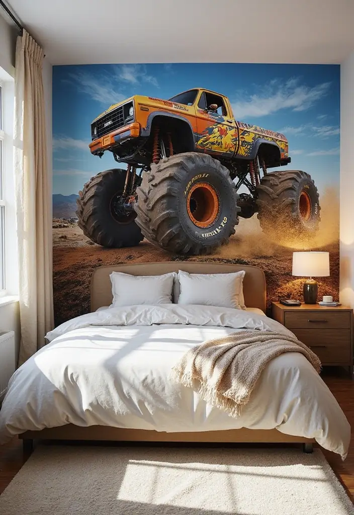 30 Monster Truck Bedroom Ideas That Kids Will Go Crazy For - 12. Monster Truck Wall Murals