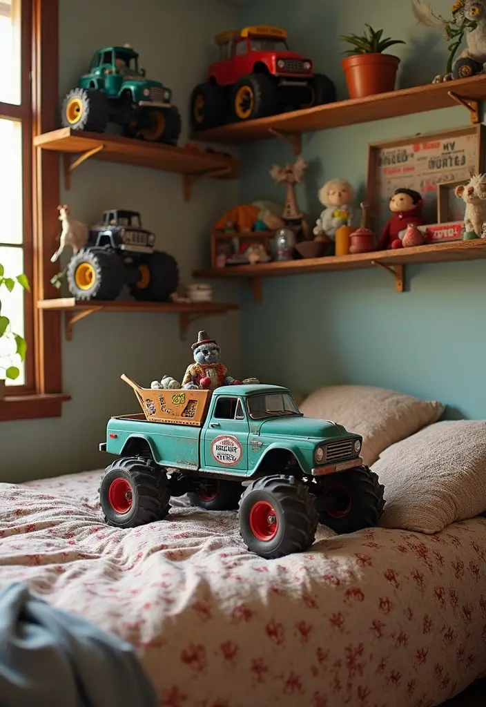 30 Monster Truck Bedroom Ideas That Kids Will Go Crazy For - 13. Vintage Monster Truck Collectibles