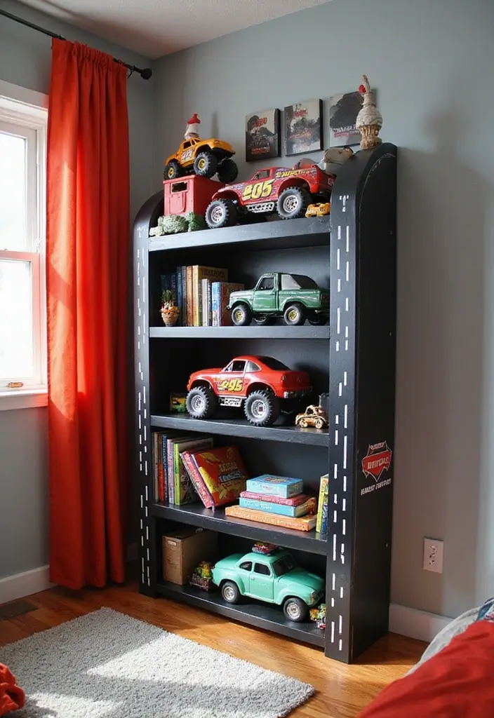 30 Monster Truck Bedroom Ideas That Kids Will Go Crazy For - 16. Car-Themed Bookshelf