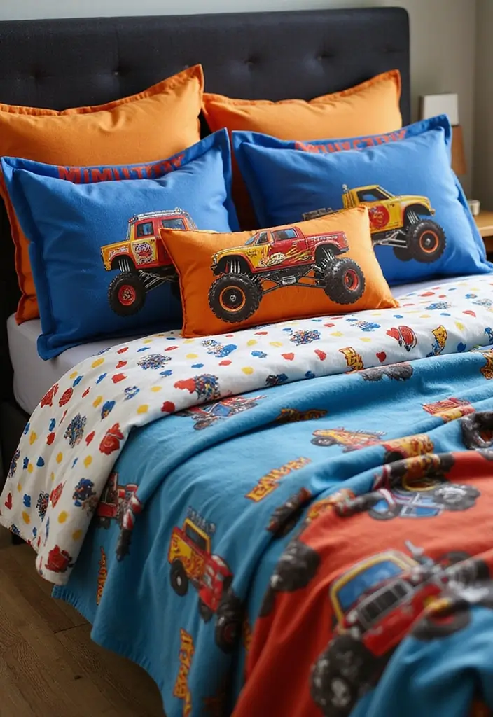 30 Monster Truck Bedroom Ideas That Kids Will Go Crazy For - 17. Monster Truck Themed Bedding Accessories