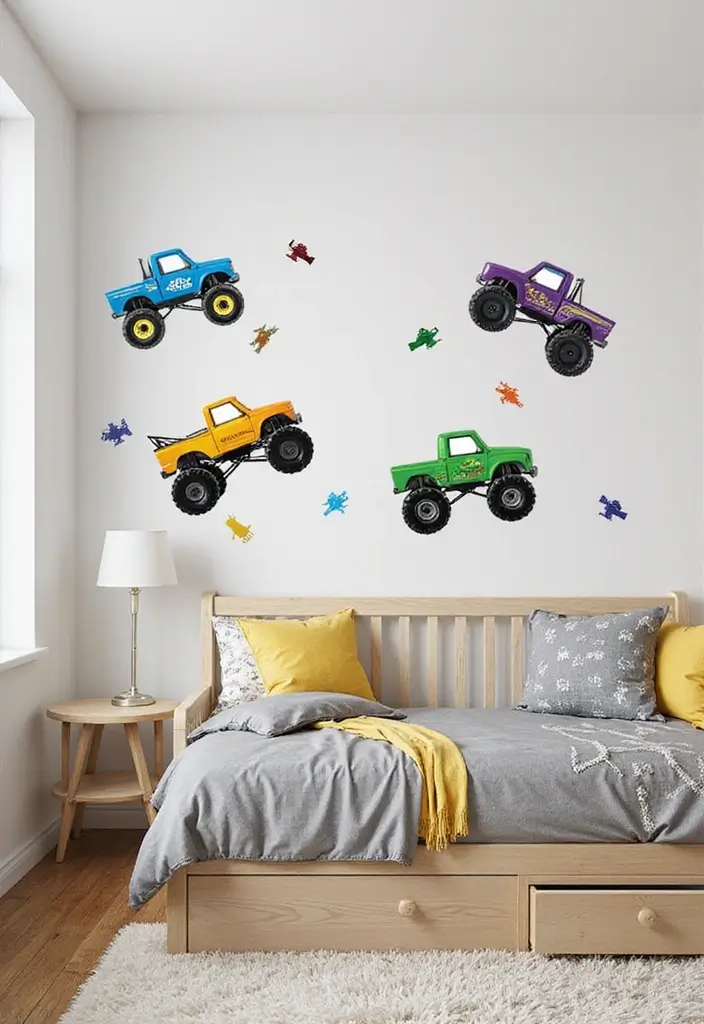 30 Monster Truck Bedroom Ideas That Kids Will Go Crazy For - 19. Monster Truck Wall Stickers
