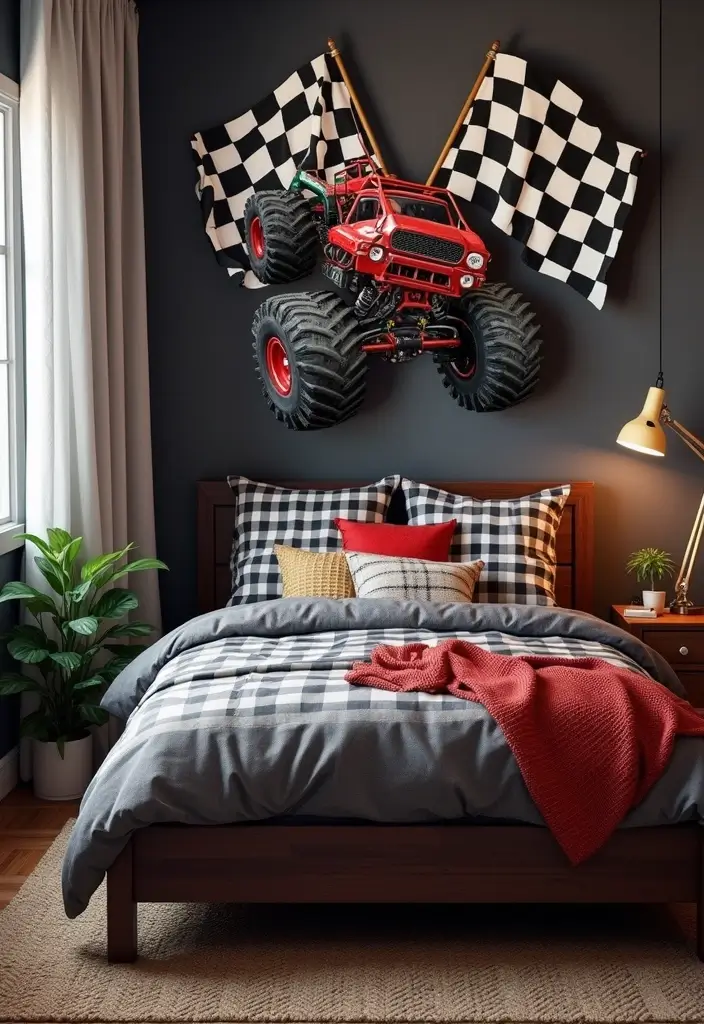 30 Monster Truck Bedroom Ideas That Kids Will Go Crazy For - 27. Racing Flags as Decor