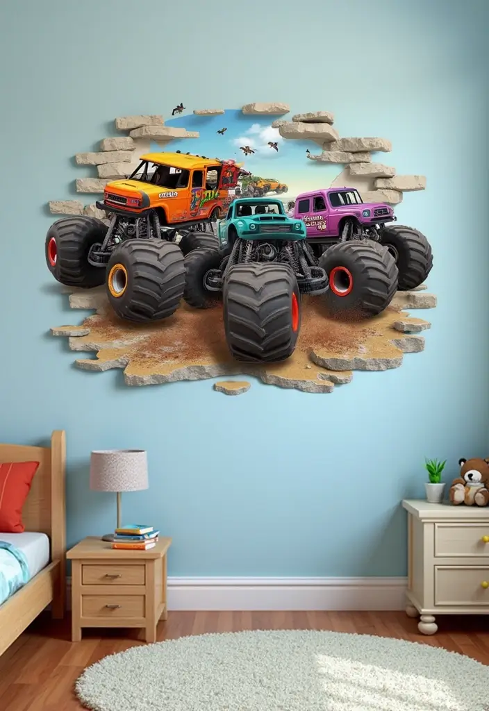 30 Monster Truck Bedroom Ideas That Kids Will Go Crazy For - 7. 3D Wall Decals