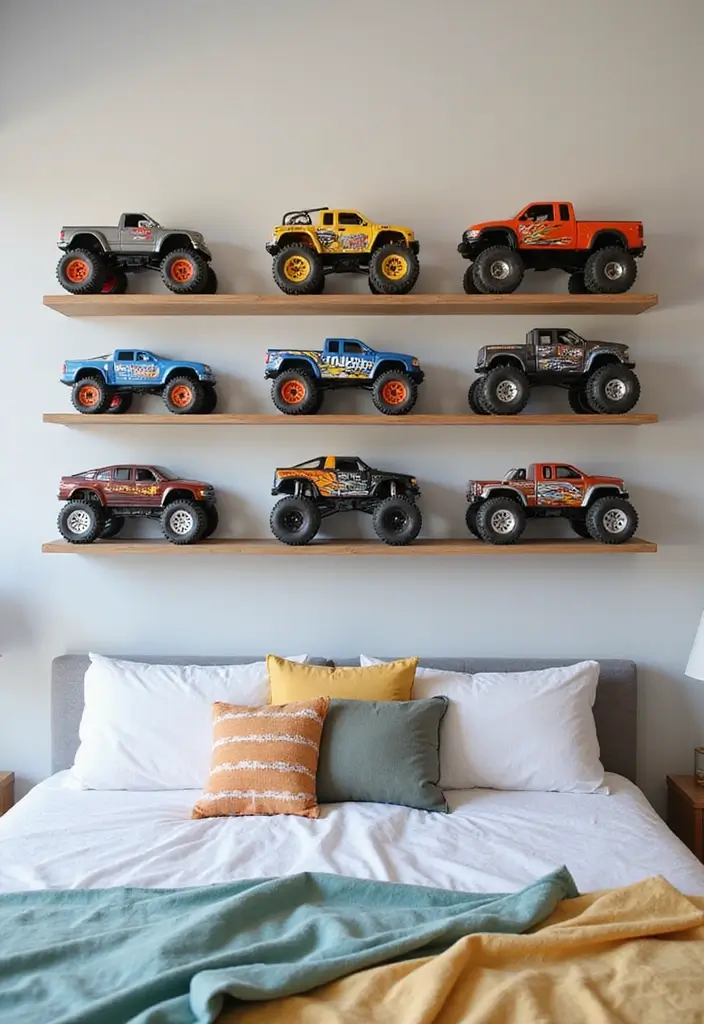30 Monster Truck Bedroom Ideas That Kids Will Go Crazy For - 8. Toy Car Display
