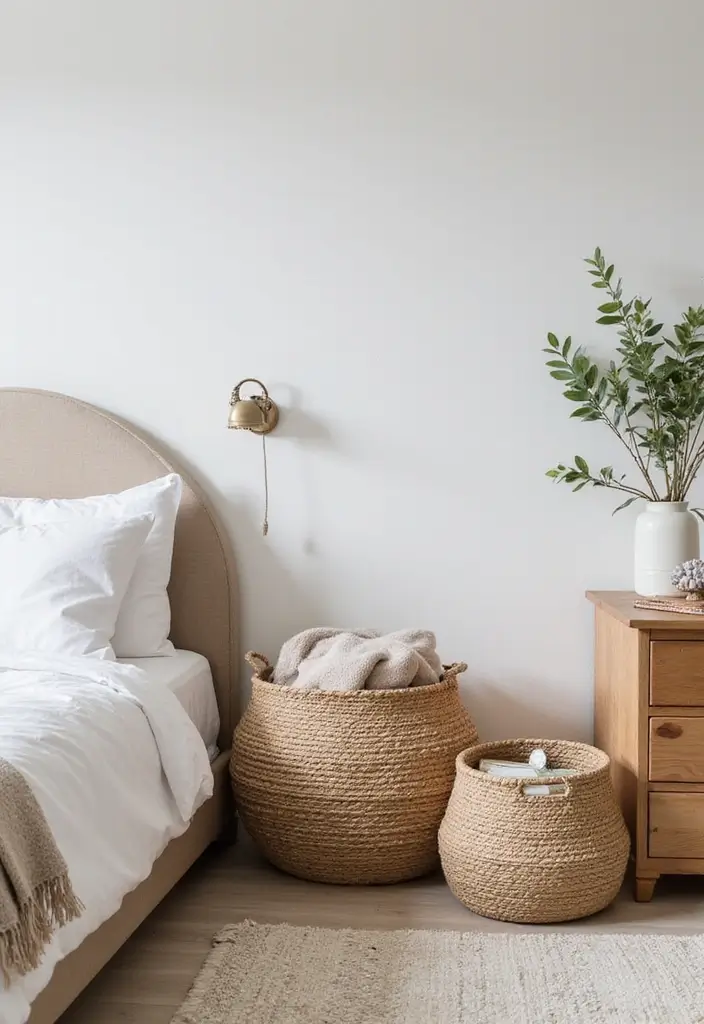 30 Organization Ideas for Bedroom That Keep Things Effortless - 4. Decorative Baskets