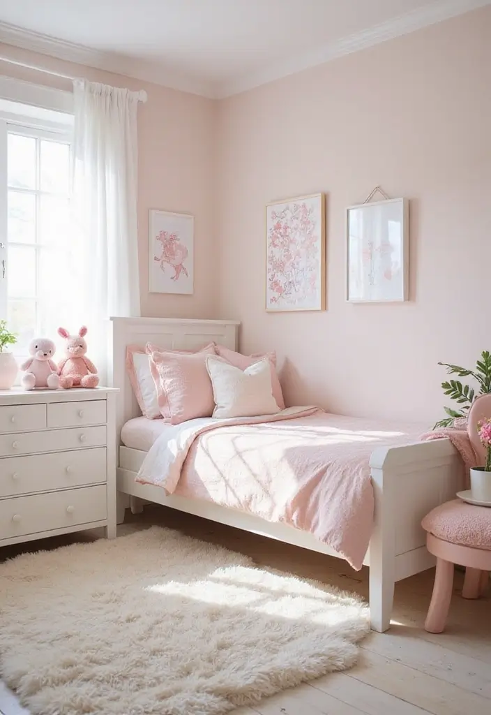 30 Pink Bedroom Ideas for Kids That Are Adorable and Playful - 1. Soft Blush and White Oasis