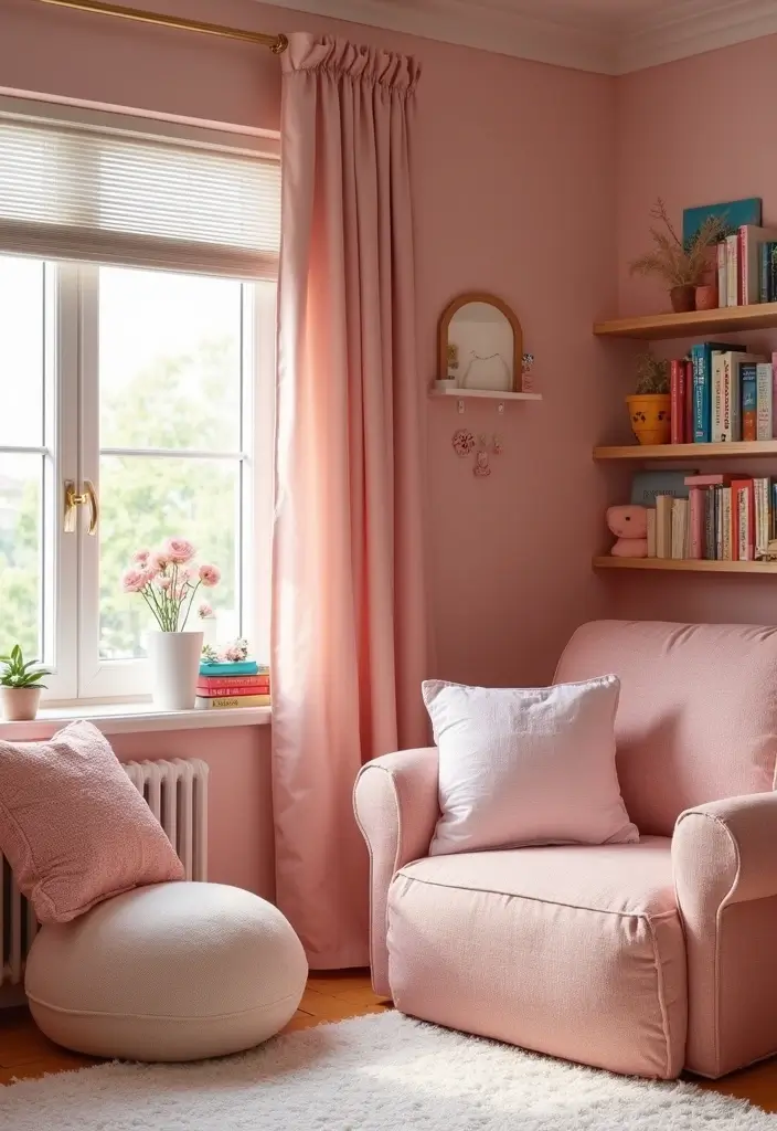 30 Pink Bedroom Ideas for Kids That Are Adorable and Playful - 23. Cozy Reading Nook