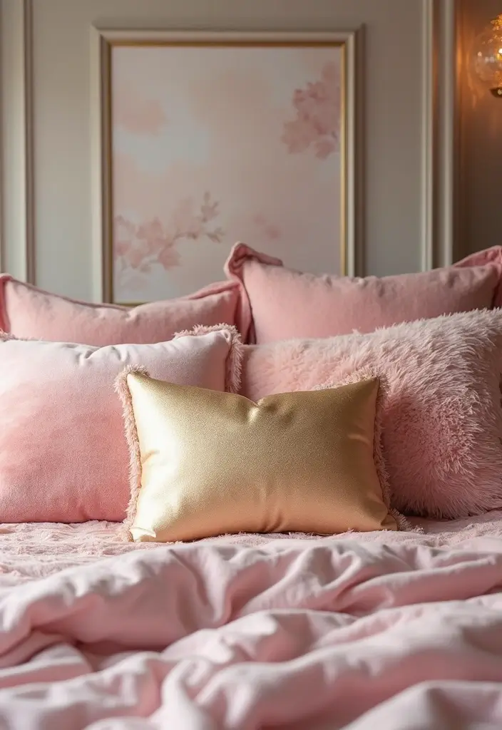 30 Victoria's Secret Bedroom Ideas That Feel Feminine & Glam - 12. Gold and Pink Throw Pillows