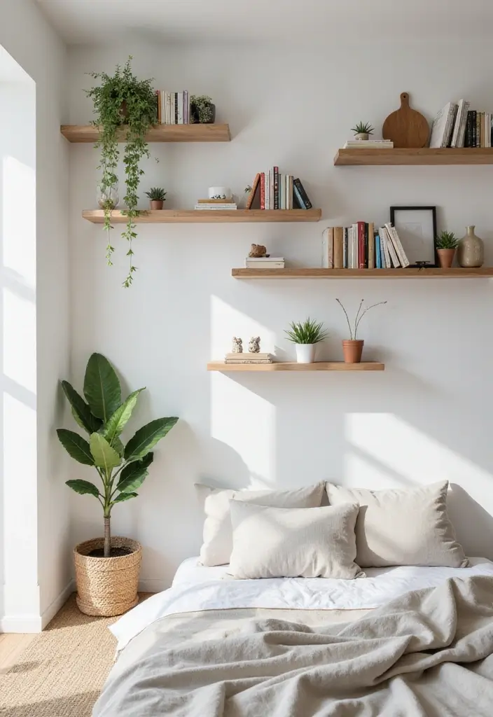 30 Wall Shelf Ideas Bedroom That Feel Modern & Practical 2 30 Wall Shelf Ideas Bedroom That Feel Modern & Practical - 1. Floating Shelves for Minimalist Charm