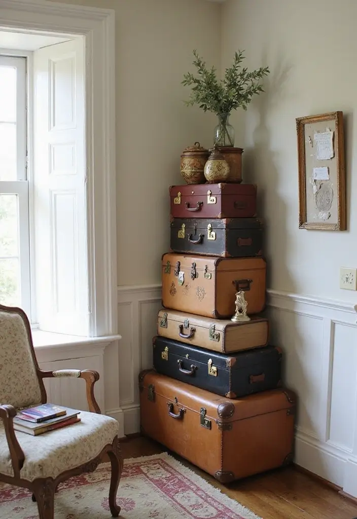 30 Wall Shelf Ideas Bedroom That Feel Modern & Practical 11 30 Wall Shelf Ideas Bedroom That Feel Modern & Practical - 10. Vintage Suitcase Shelves for Unique Storage