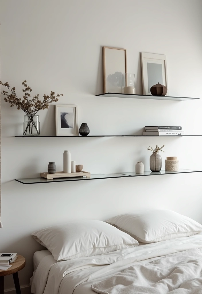30 Wall Shelf Ideas Bedroom That Feel Modern & Practical 12 30 Wall Shelf Ideas Bedroom That Feel Modern & Practical - 11. Glass Shelves for a Sleek Look