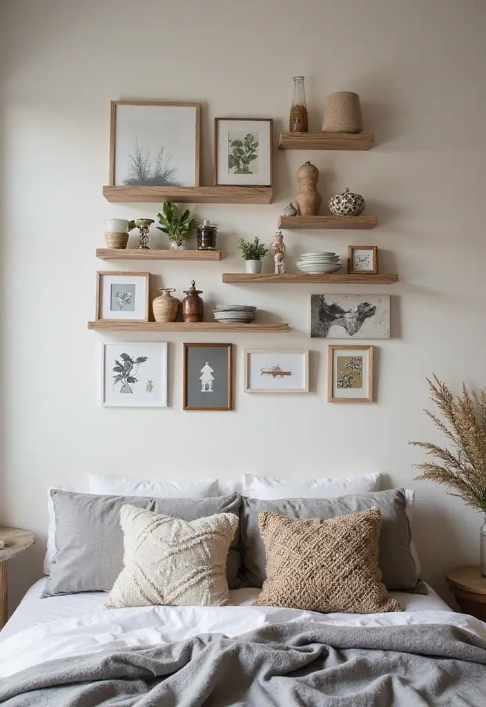 30 Wall Shelf Ideas Bedroom That Feel Modern & Practical 14 30 Wall Shelf Ideas Bedroom That Feel Modern & Practical - 13. Artistic Wall Art Shelves for a Creative Edge