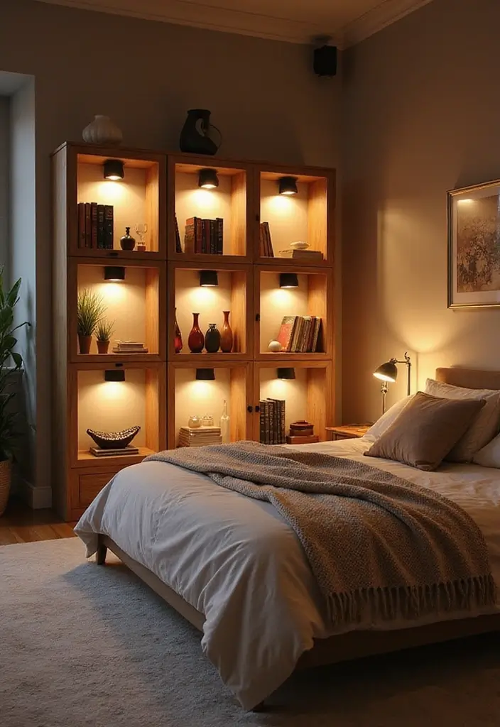 30 Wall Shelf Ideas Bedroom That Feel Modern & Practical 16 30 Wall Shelf Ideas Bedroom That Feel Modern & Practical - 15. Illuminated Shelves for a Dramatic Effect