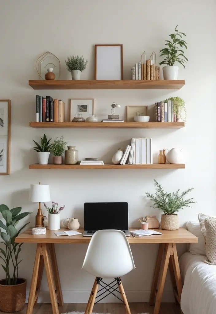 30 Wall Shelf Ideas Bedroom That Feel Modern & Practical 17 30 Wall Shelf Ideas Bedroom That Feel Modern & Practical - 16. Wall-Mounted Desk Shelves for Multi-Functionality