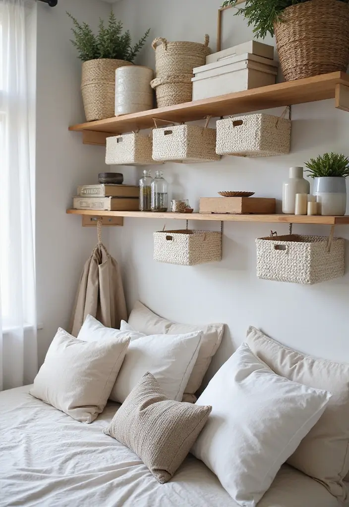 30 Wall Shelf Ideas Bedroom That Feel Modern & Practical 23 30 Wall Shelf Ideas Bedroom That Feel Modern & Practical - 22. Under-Shelf Baskets for Extra Storage